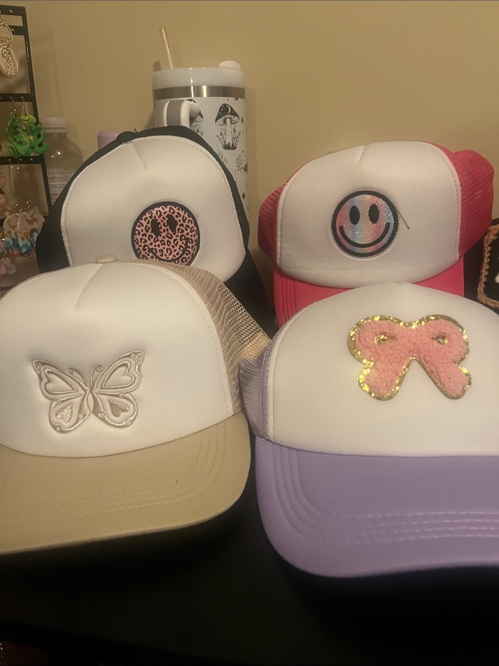 Cute Trucker Hats - Pink, Lavender, Beige, Black Accents